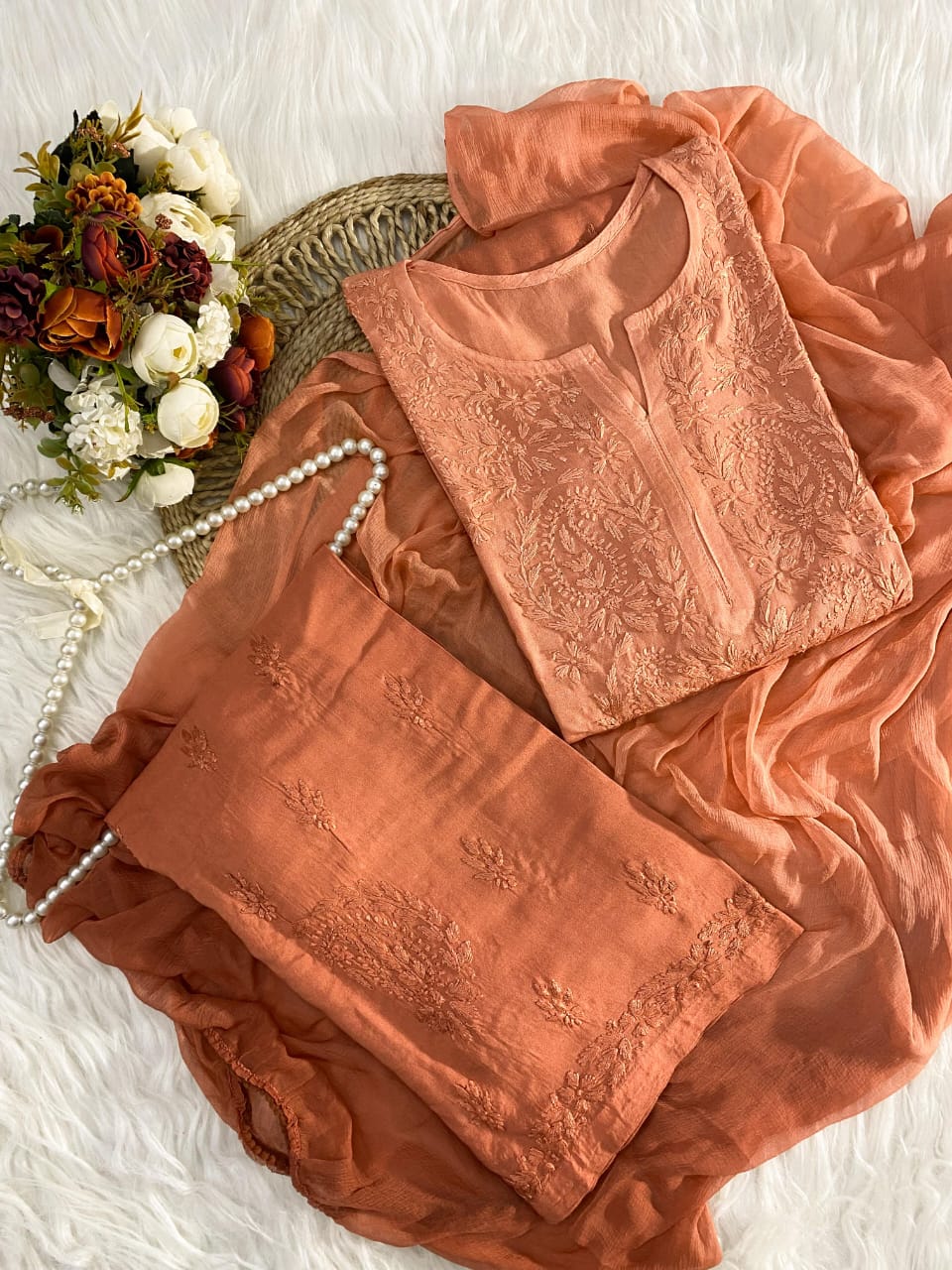 Orange Lucknowi Chikankari Rayon Suit Set with Dupatta | 3-Piece Collection