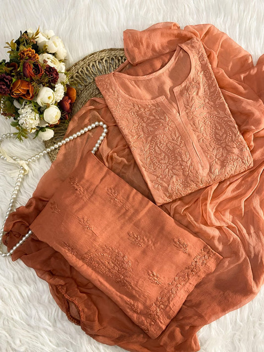 Orange Lucknowi Chikankari Rayon Suit Set with Dupatta | 3-Piece Collection