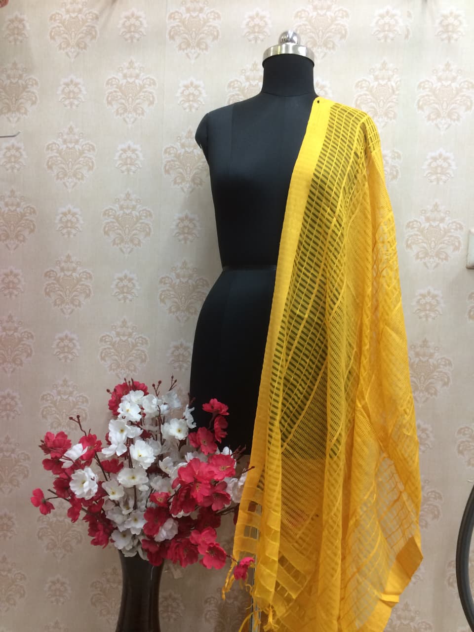 Yellow cotton with zari stripes