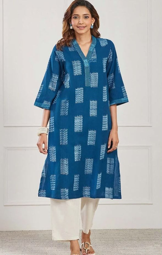 Teal Cotton Straight Kurta