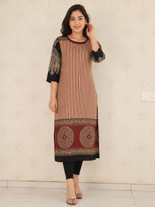 Maroon & Black Block Printed Cotton Kurti | Printed Straight Kurta for Women