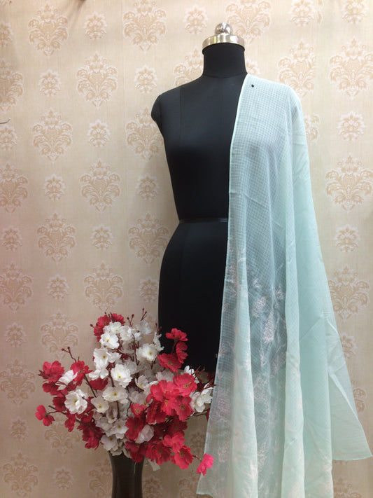Net cotton sky blue dupatta with white print