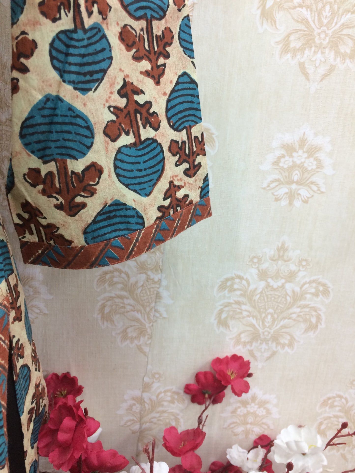 Beige & Blue Floral Block Print Cotton Kurti