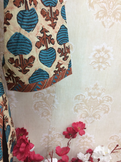 Beige & Blue Floral Block Print Cotton Kurti