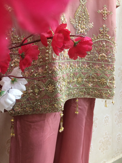 Luxury Dusty Rose Pink Embroidered Chiffon Salwar Kameez Suit - Heavy Zari Work Ready to Wear Pakistani