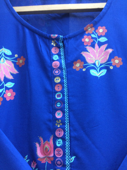 Rangriti Style Royal Blue Rayon Kurti with Floral & Animal Print
