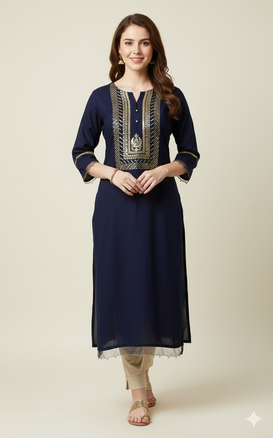 Regal Navy Blue Rayon Kurti with Heavy Gold Sequin & Zari Yoke