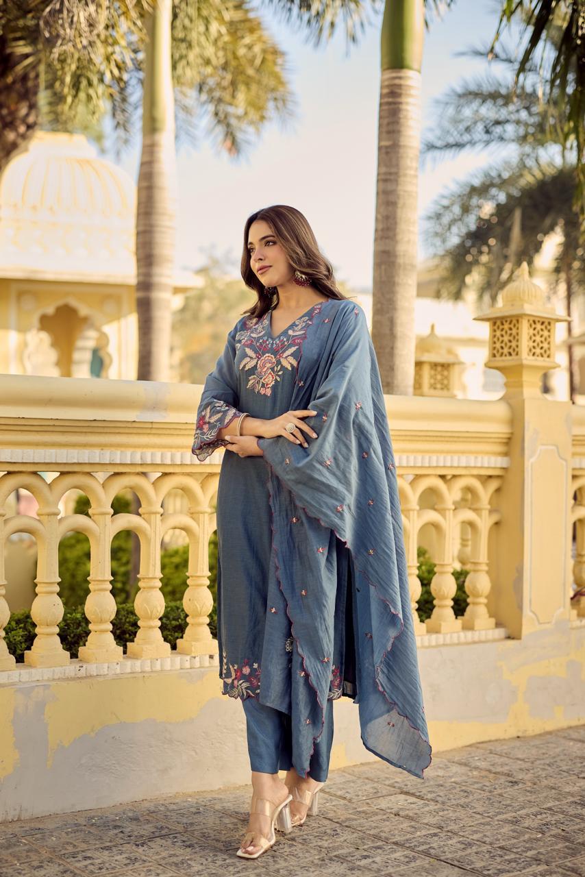 Saniya Blue Embroidered Chanderi Silk Suit Set