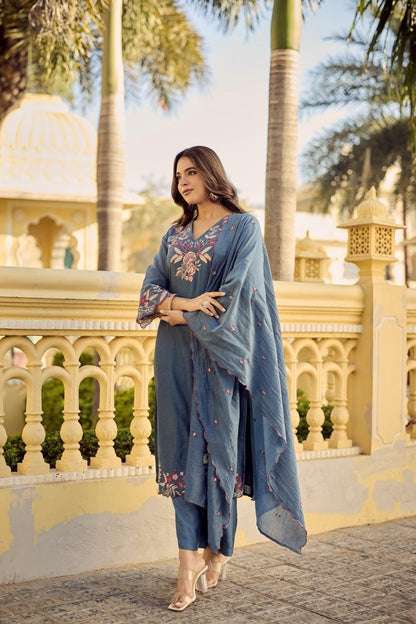 Saniya Blue Embroidered Chanderi Silk Suit Set