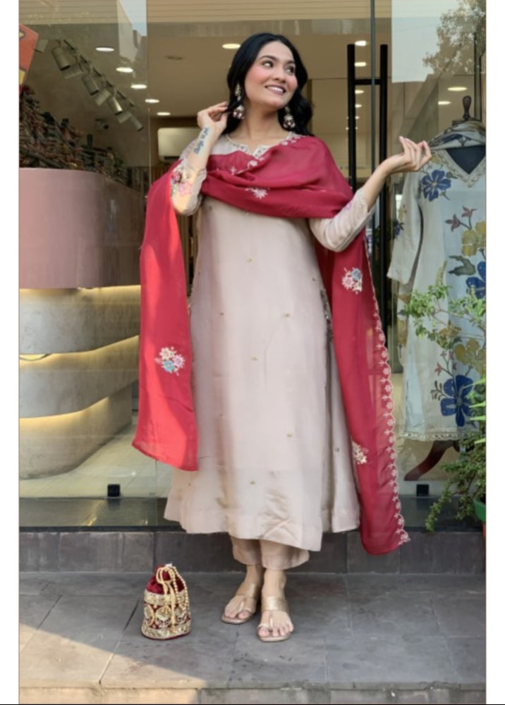 Designer Light Beige Silk Kurta Set with Red Dupatta