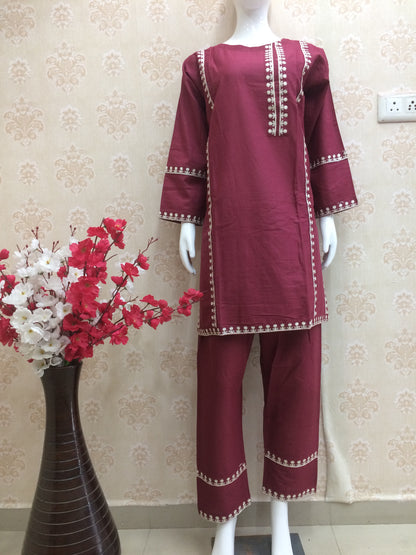 Elegant Maroon Cotton Two-Piece Suit with Border Detailing