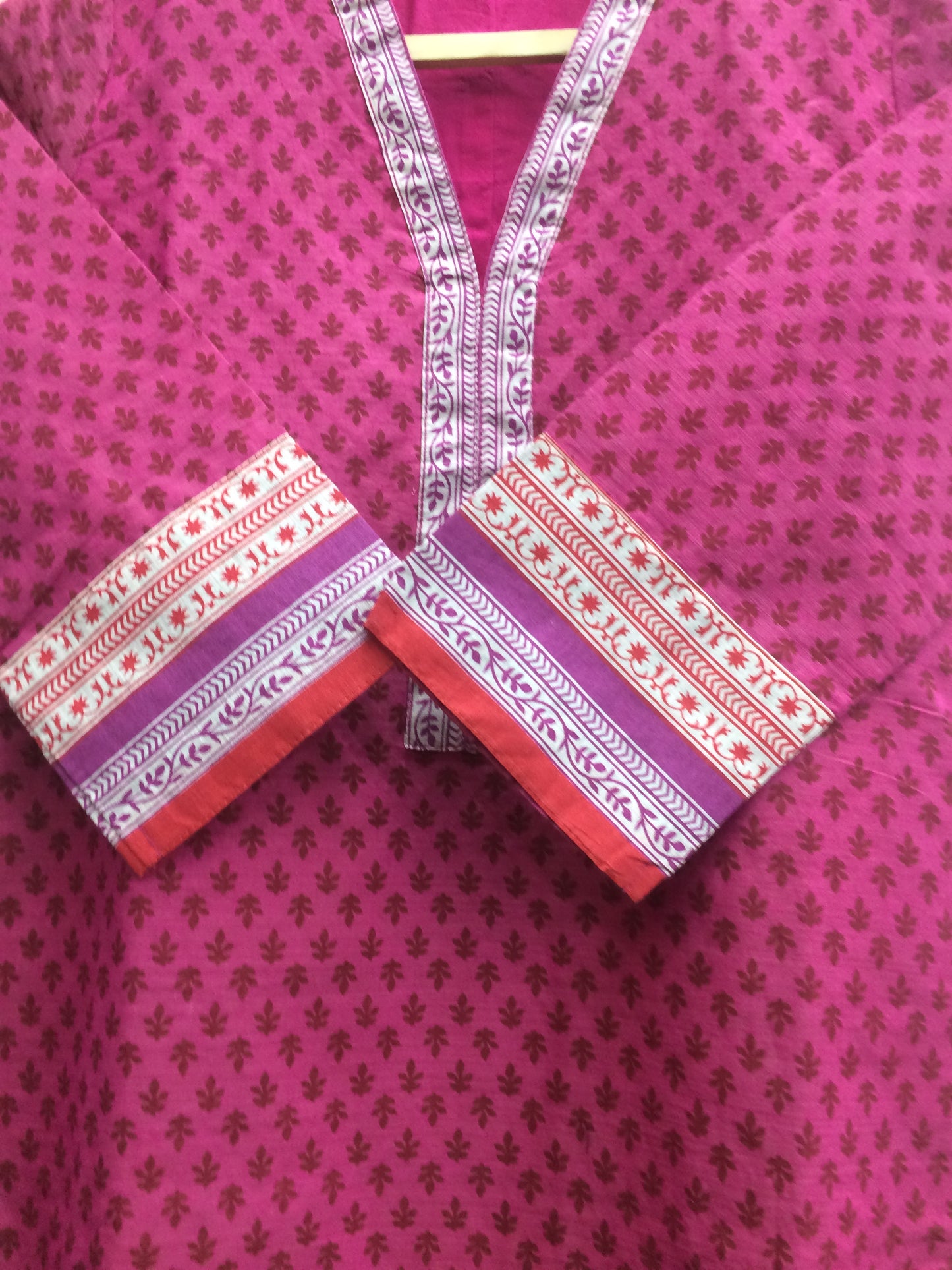 Rani Pink All-Over Block Print Cotton Kurta with Contrast Border