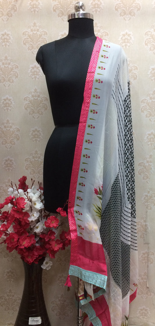 Printed White Chiffon Dupatta with Hot Pink Border