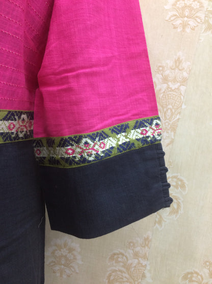 Handloom Style Cotton Kurti Ikat Inspired Print - Pink & Navy Blue