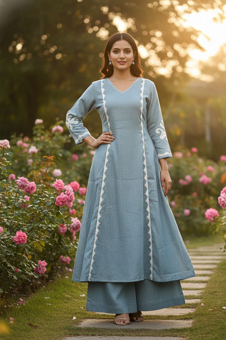 Rowan Dusty Blue Embroidered A-Line Kurta Set with Wide-Leg Palazzos