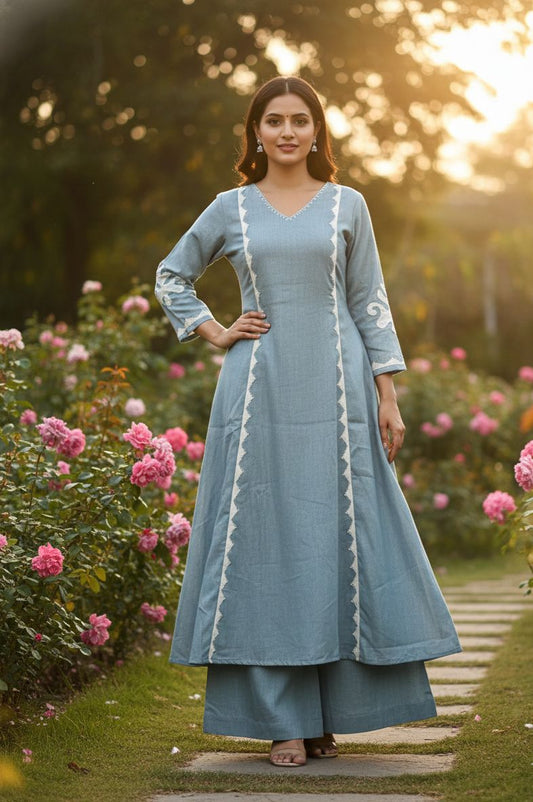 Dusty Blue Embroidered A-Line Kurta Set with Wide-Leg Palazzos