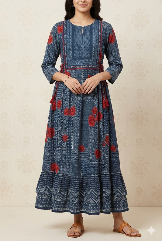 Hayaat Rangriti - Long Blue Top -red And White Design