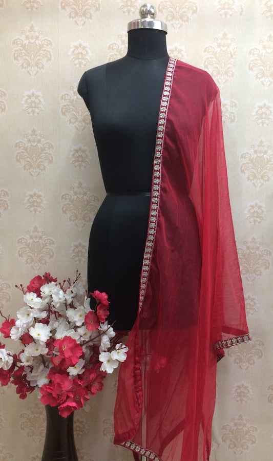 Deep Red Organza Dupatta with Delicate Silver Embroidered Border