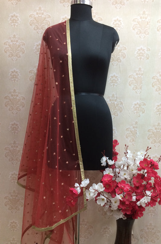 Red net dupatta all over light tikdi work with golden lace