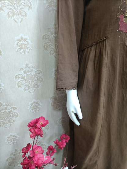 Elegant Earth Brown Embroidered Cotton Blend Kurta Set with Dupatta