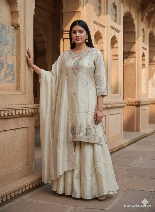 Ethereal Off-White Embroidered Sharara Set