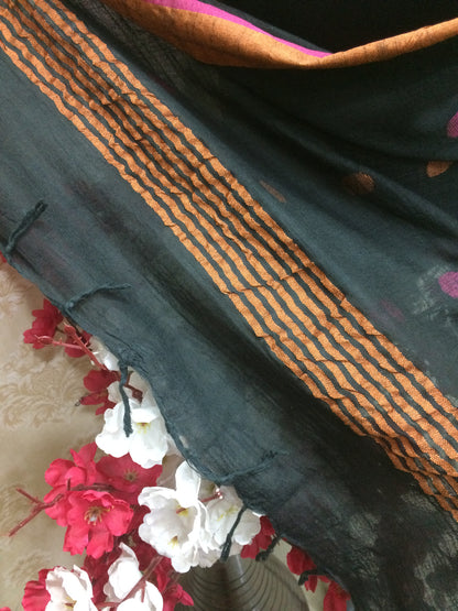 Black Cotton Dupatta with Copper Border and Magenta Motifs