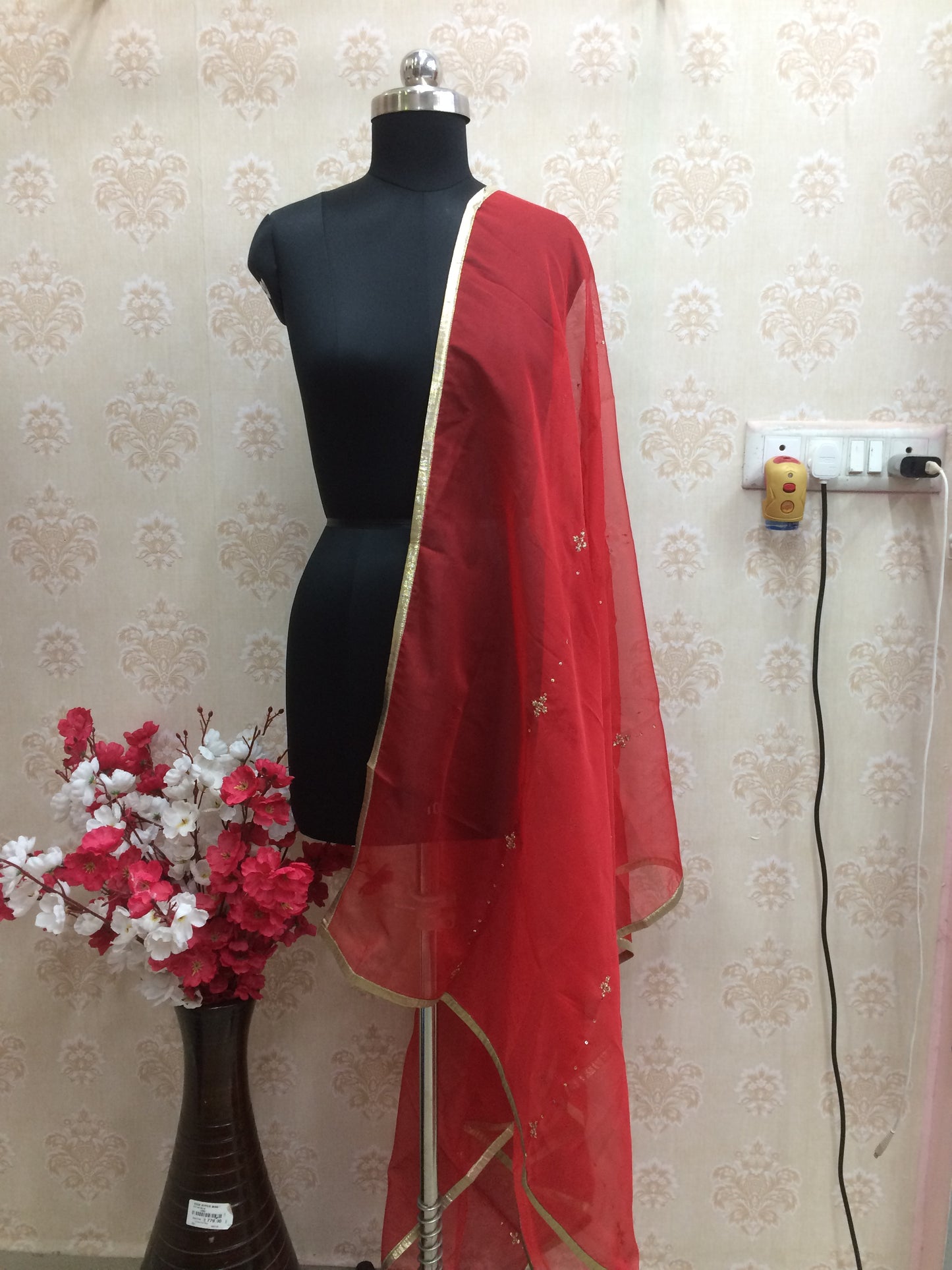 Organza Red dupatta with golden detailing and border