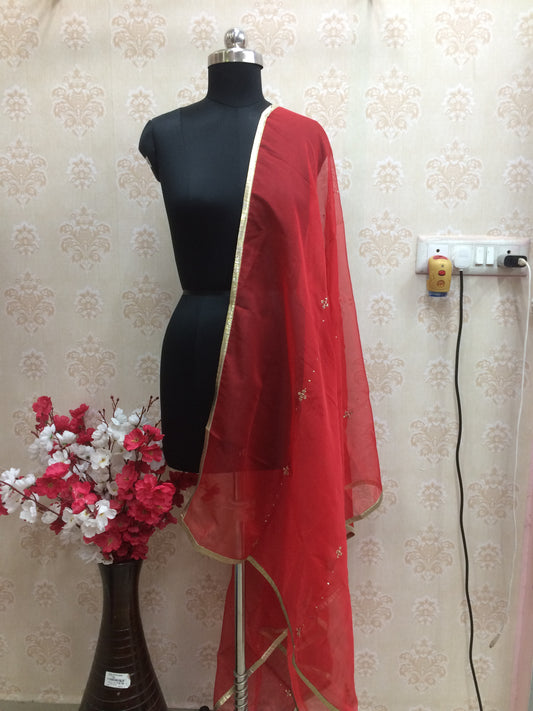 Organza Red dupatta with golden detailing and border
