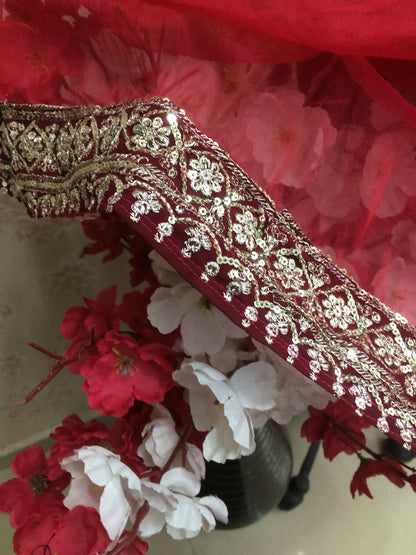 Luxurious Maroon/Dark Red Chiffon Dupatta with Fine Border