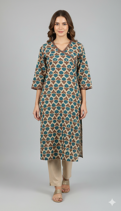 Beige & Blue Floral Block Print Cotton Kurti