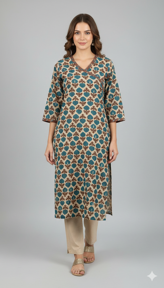 Beige & Blue Floral Block Print Cotton Kurti