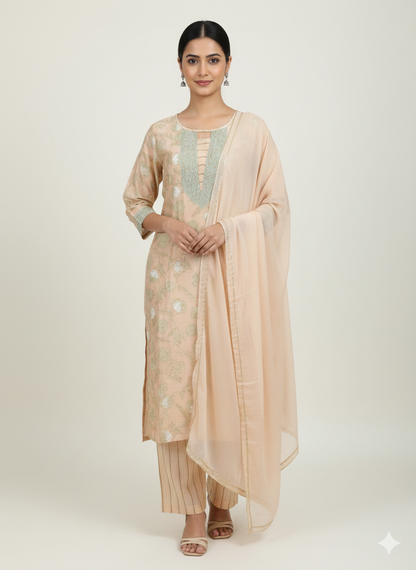 Silk blend embroidered suit set