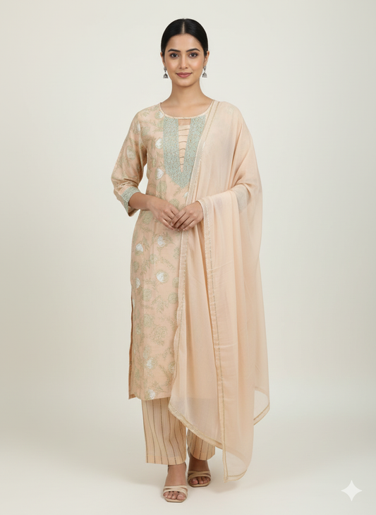 Silk blend embroidered suit set