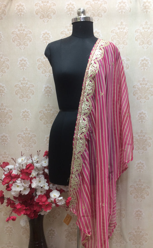 Pink Leheriya Chiffon Dupatta with Heavy Gold Gota Patti Work Border