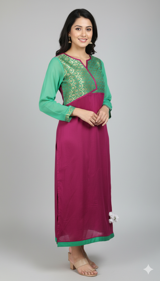 Vibrant Magenta & Green Color Block Kurti with Gold Brocade Yoke