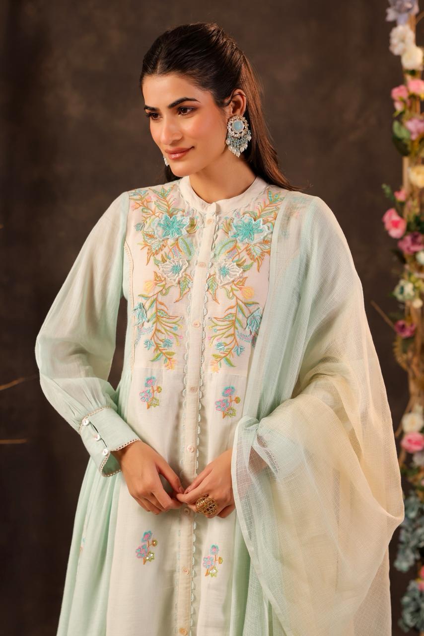 Sea Green Embroidered Front-Slit Anarkali Set