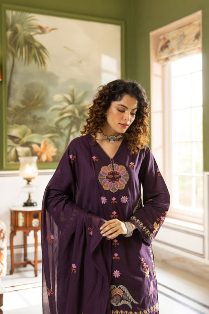 💜 Enchanting Plum Embroidered Cotton Suit Set