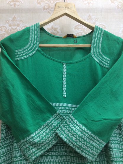 Green Cotton Kurti with White Geometric Print