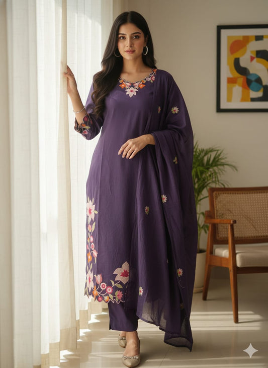 Salma Purple floral embroidered suit set