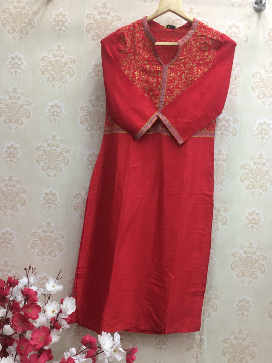 Regal Red Cotton Kurti with Gold Print Yoke