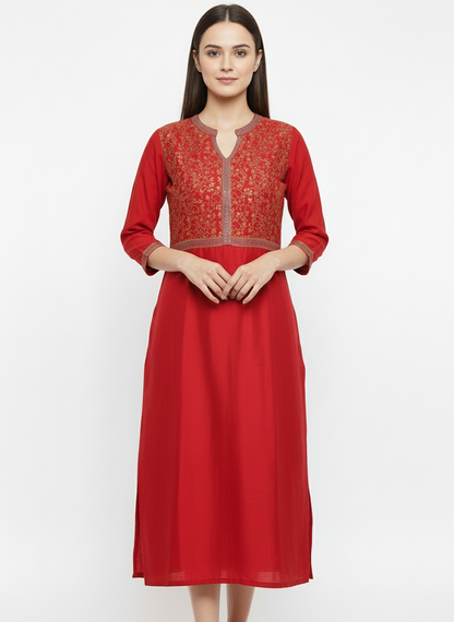Regal Red Cotton Kurti with Gold Print Yoke