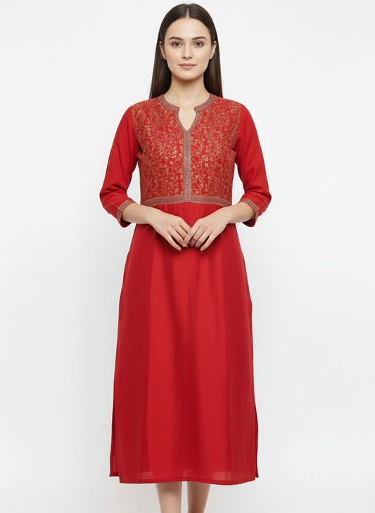 Regal Red Cotton Kurti with Gold Print Yoke