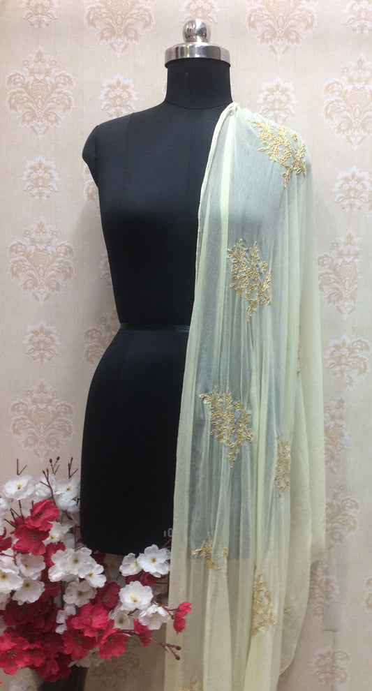 Elegant Pastel Cream Dupatta with Scattered Gold Zari Floral Work