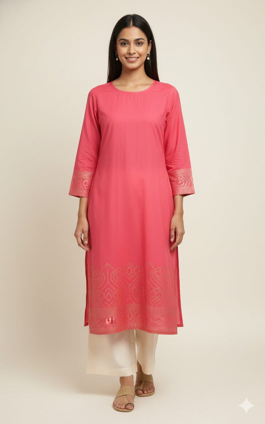 Bright Coral Cotton Kurti with Gold Bandhani Print