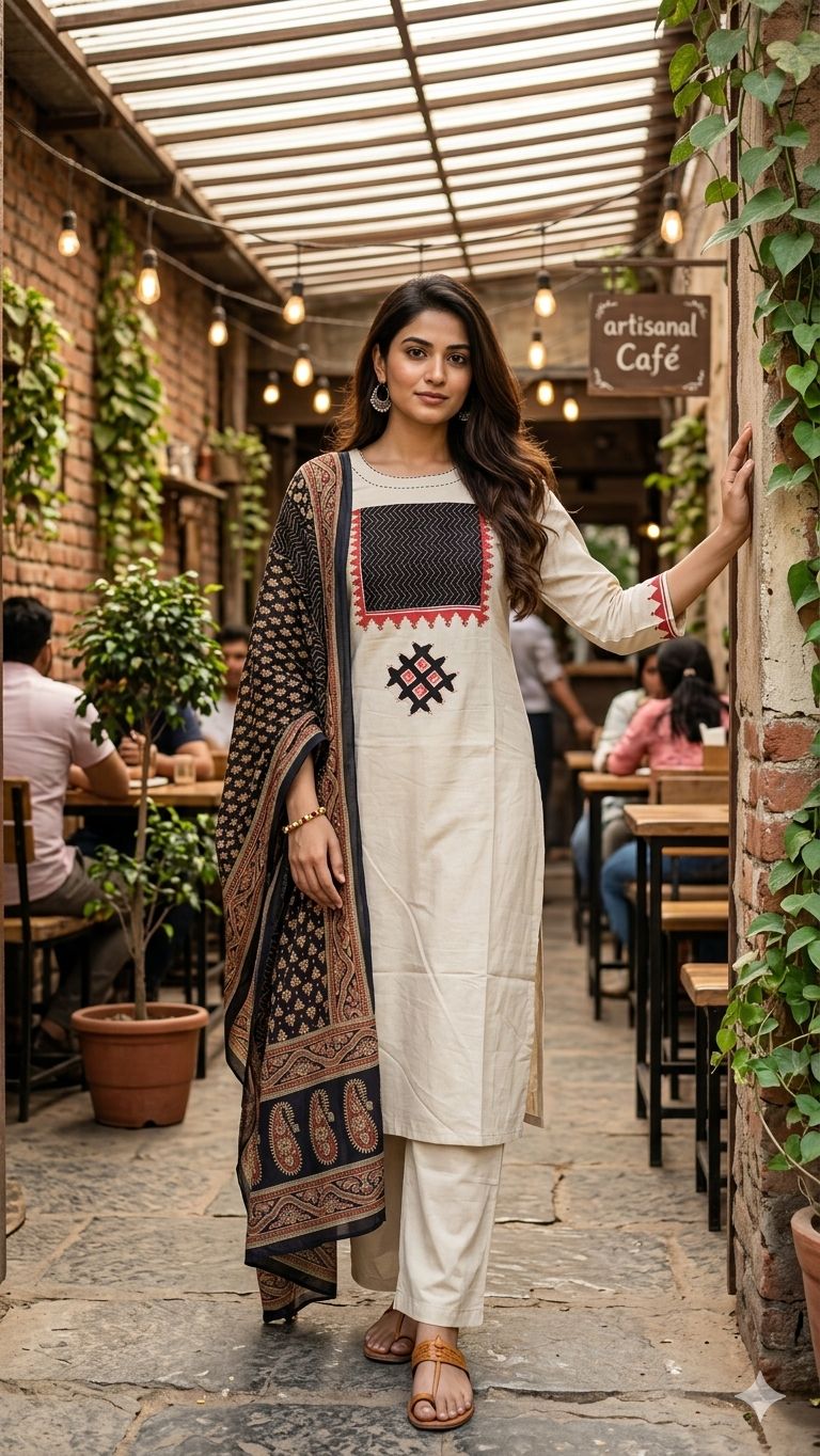 Ayzel Off-White Cotton Kurta Set with Ajrakh Print Dupatta
