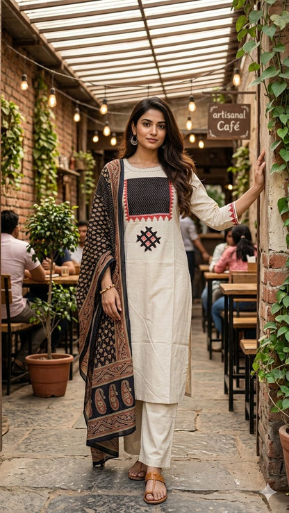 Ayzel Off-White Cotton Kurta Set with Ajrakh Print Dupatta