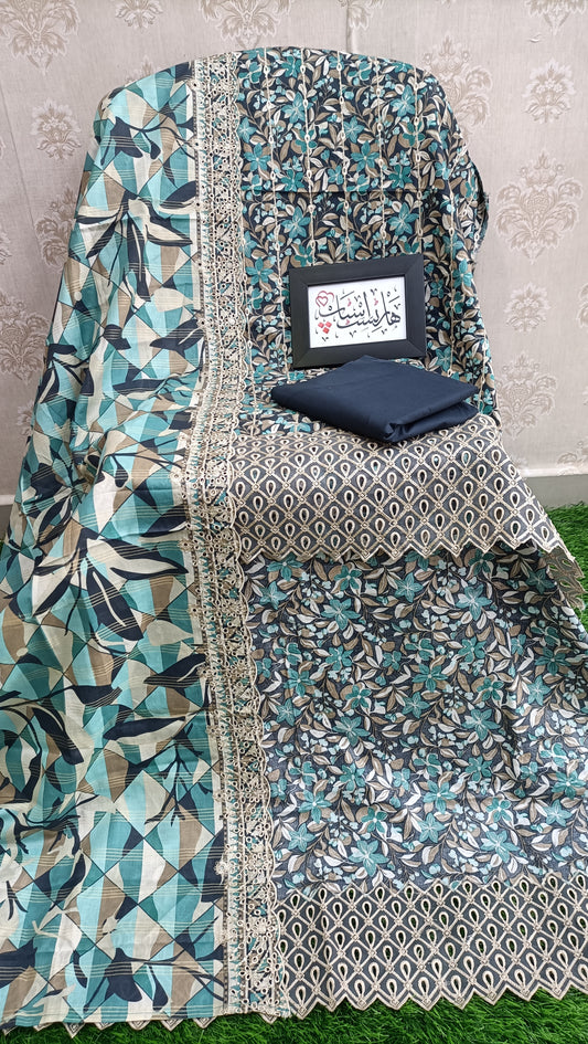 Bin Saeed unstitched embroidered green leaf pattern