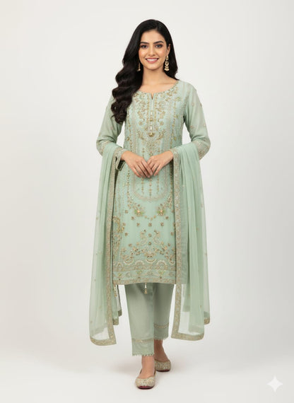 Mint Green Embroidered Chiffon Pakistani heavy dress