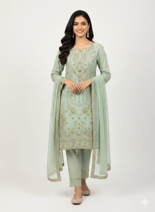 Mint Green Embroidered Chiffon Pakistani heavy dress