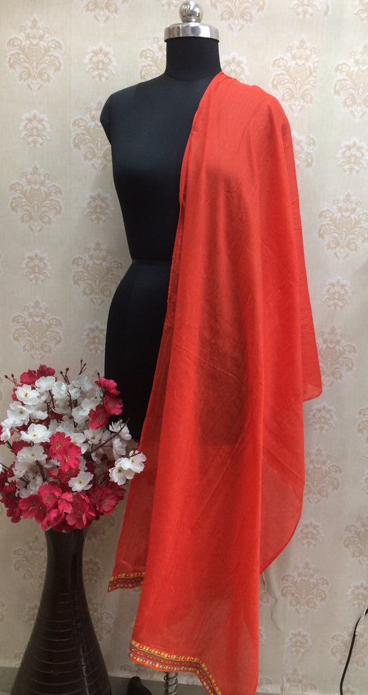 Vibrant Tangerine Orange Cotton Dupatta with Detailed Gold Border